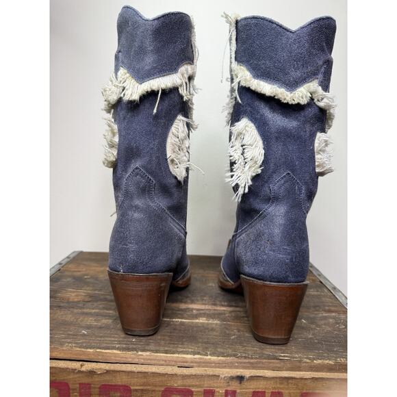 Rare RUDEL Point Toe Western Boots Women's 5E Blue Seude With White Fringe - Picture 3 of 6